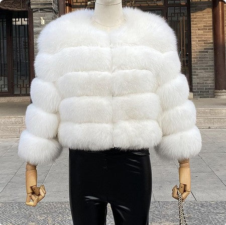 Collarless Tiered Faux Fur Cropped Jacket