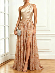 One Shoulder Floral Slit Maxi Dress
