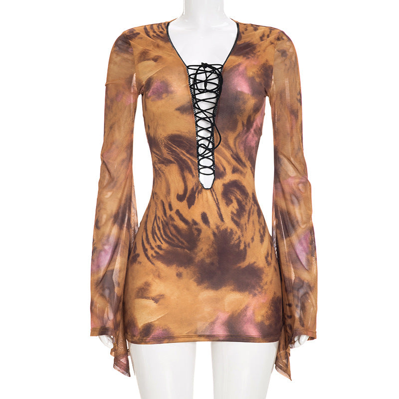 Printed Tie Front Mesh Mini Dress