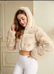 Hooded Paneled Faux Fur Cropped Jacket