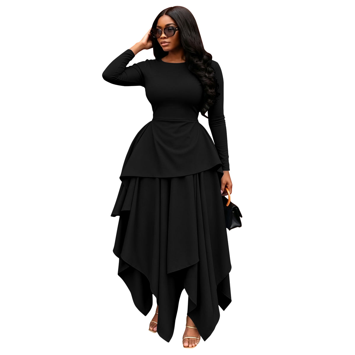 Women's Ruffle Hem Long Sleeve Midi Dress