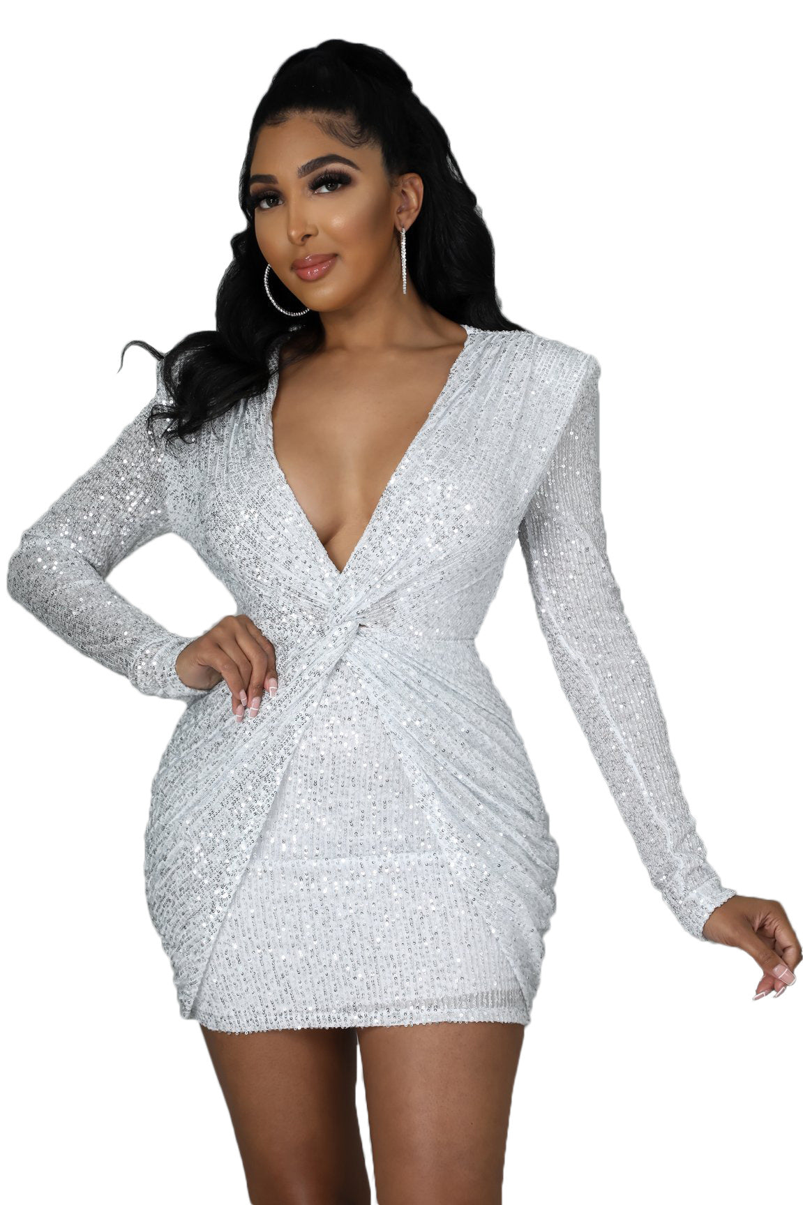 Sequin V Neck Ruched Bodycon Mini Dress