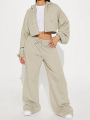 Puff Sleeve Crop Hoodie and Wide Leg Pants Set