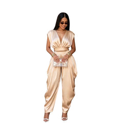 Deep V Tie Waist Top and Pants Set