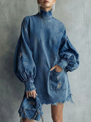 Distressed Long Sleeve Denim Mini Dress