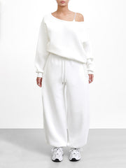 One Shoulder Sweatshirt and Wide Leg Pants Set