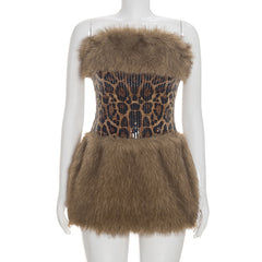 Leopard Sequin Faux Fur Strapless Mini Dress