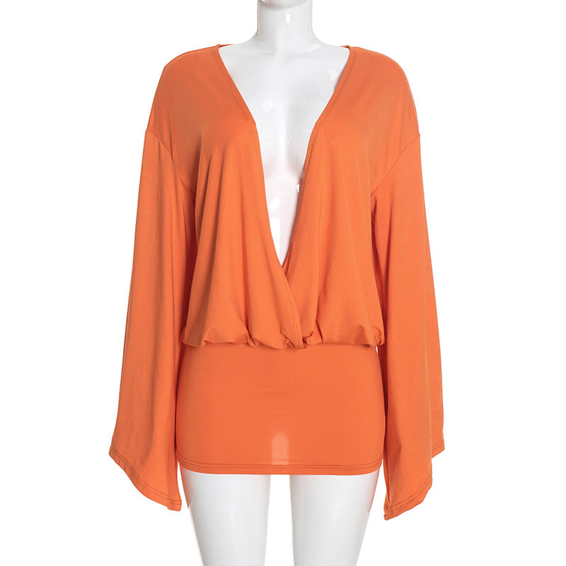 Deep V Flare Sleeve Bodycon Dress