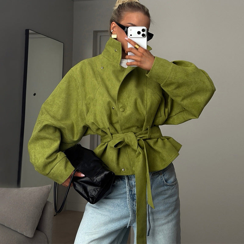 Belted Stand Collar Cropped Trench Jacket