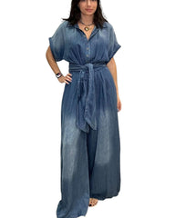Belted Short Sleeve Wide Leg Jumpsuit