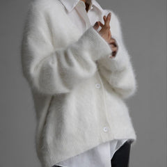 Fuzzy V Neck Button Front Knit Cardigan