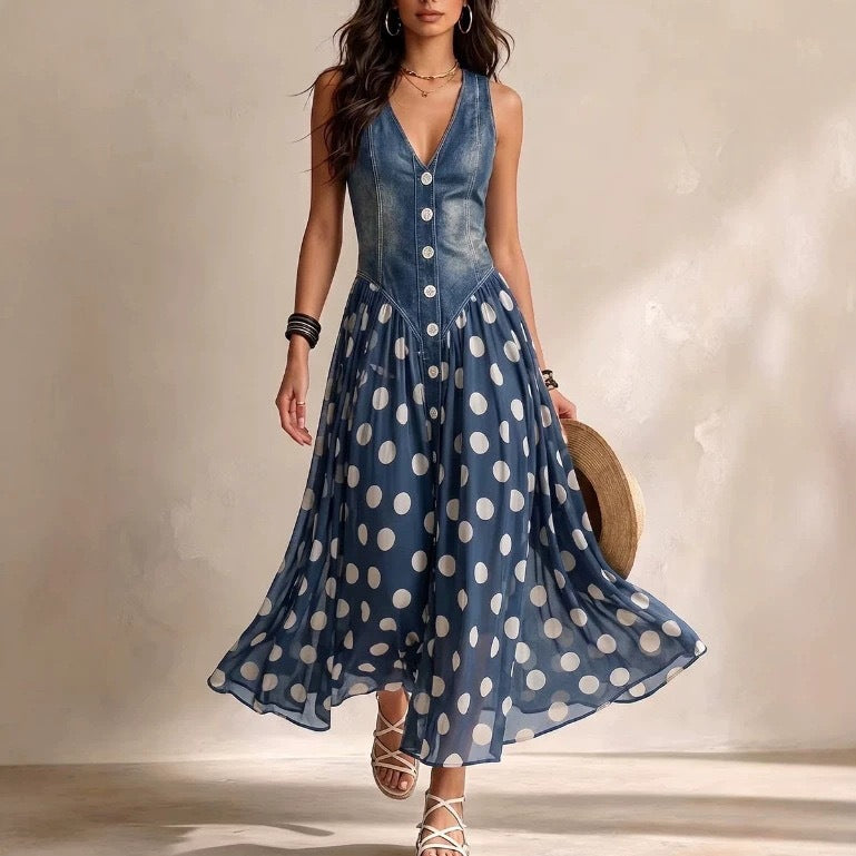 Polka Dot Denim Maxi Dress