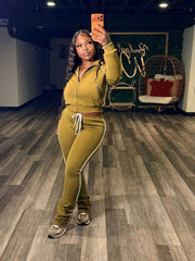 Contrast Piping Zip Hoodie and Pants Set