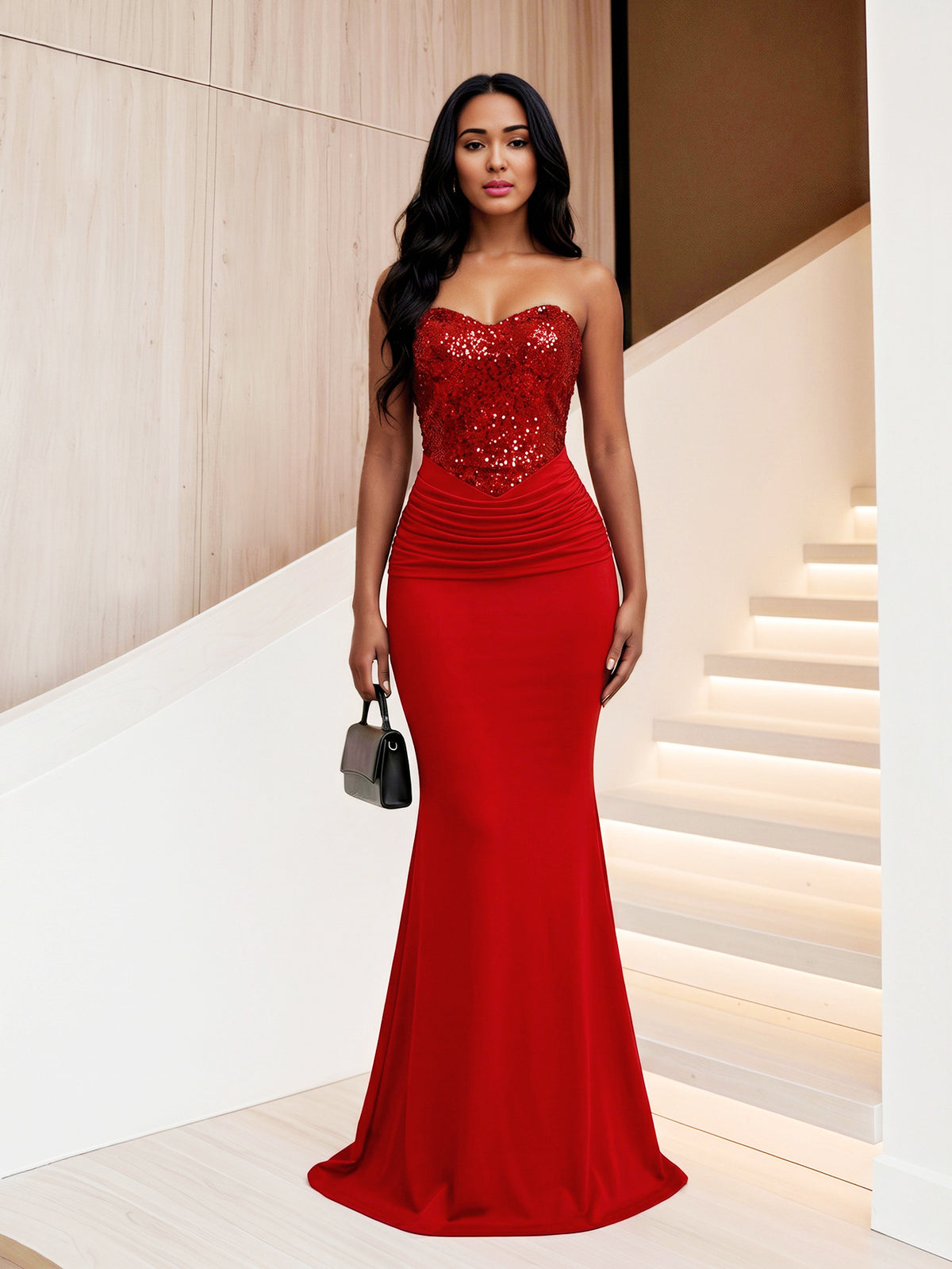 Strapless Sequin Ruched Mermaid Maxi Dress