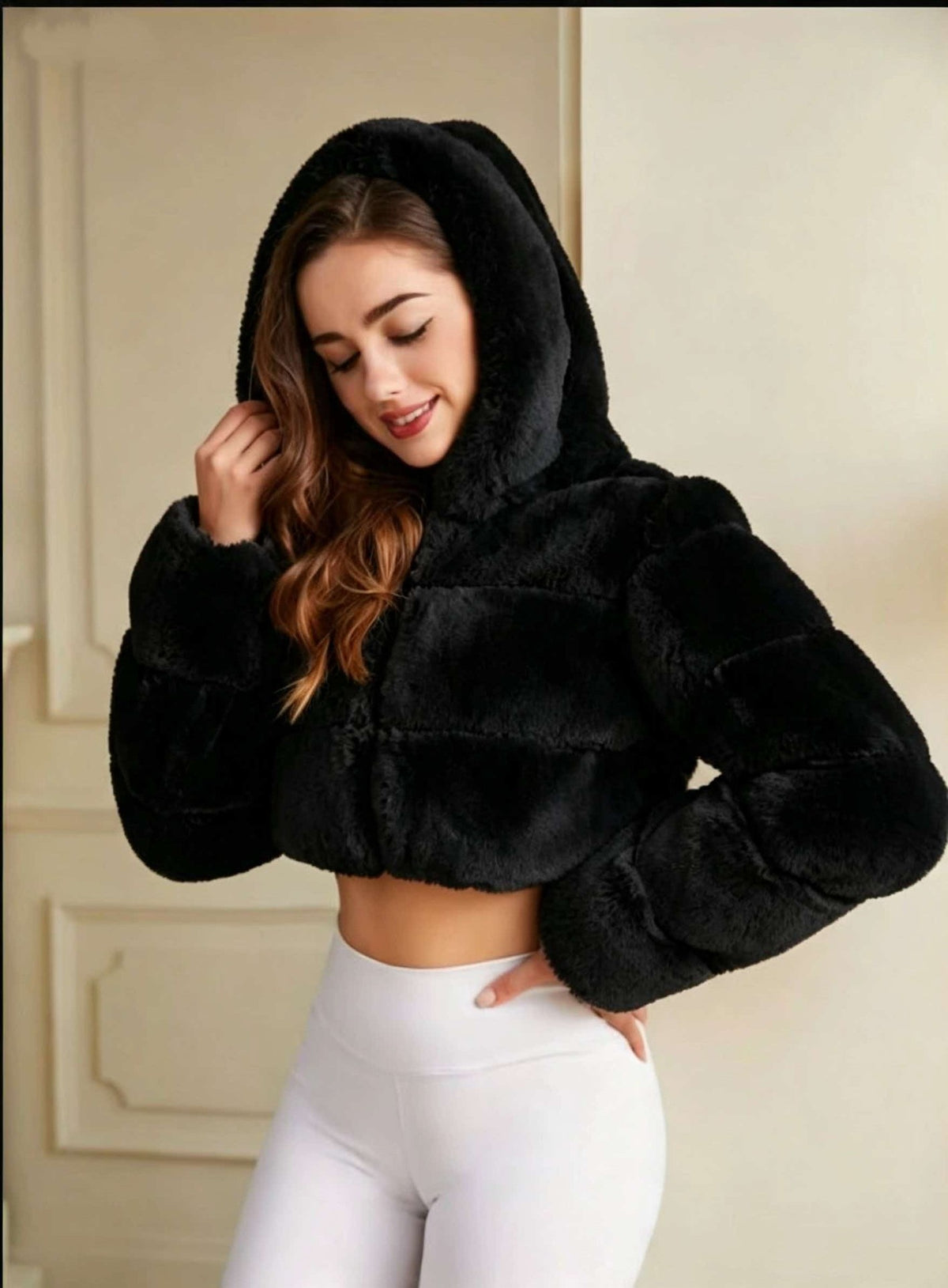 Hooded Paneled Faux Fur Cropped Jacket