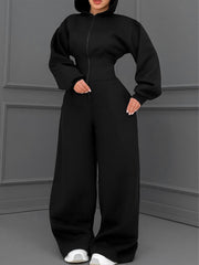 Hooded Zip Front Waist Defined Jumpsuit