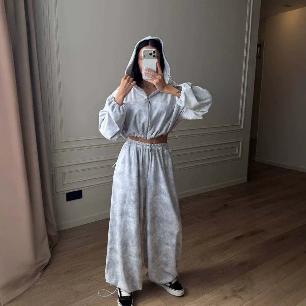 Cropped Drawstring Zip Hoodie and Pants Set