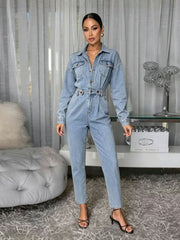 Belted Long Sleeve Straight Leg Denim Jumpsuit-boutique