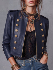 Military Button Cropped Faux Leather Jacket