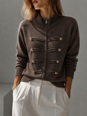 Button Trim Stand Collar Zip Knit Cardigan