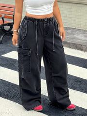 Plus Size Drawstring Wide Leg Denim Cargo Pants