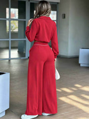Stand Collar Top and Straight Leg Pants Set