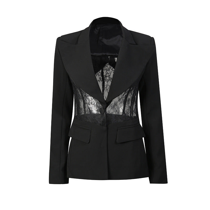 Lace Panel Sculpted Waist Blazer-boutique