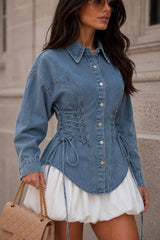 Tie Waist Cropped Denim Shirt