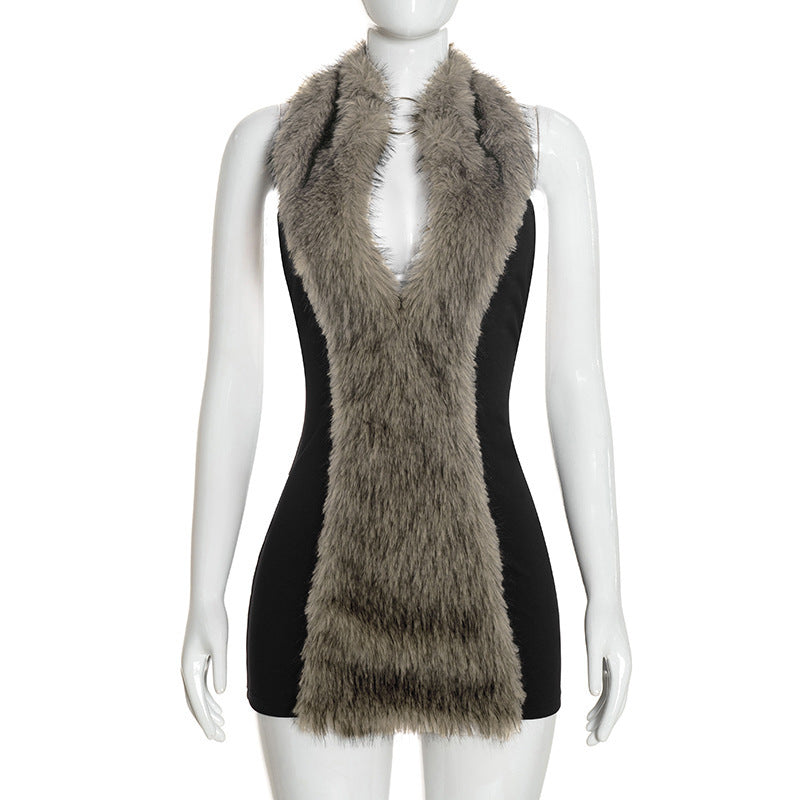 Faux Fur Halter Backless Mini Dress
