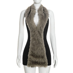 Faux Fur Halter Backless Mini Dress