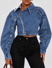 Asymmetric Zip Denim Moto Jacket