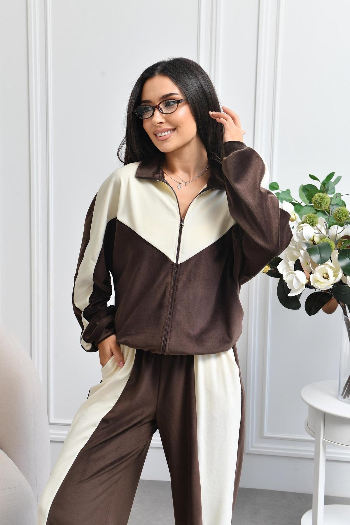 Chevron Color Block Zip Jacket and Pants Set