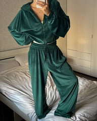 Stand Collar Zip Jacket and Wide Leg Pants Set