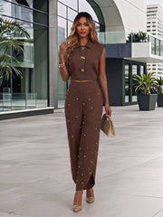Sleeveless Pearl Wide Leg Pants Set-boutique
