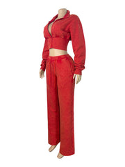 Washed Zip Jacket and Wide Leg Pants Set