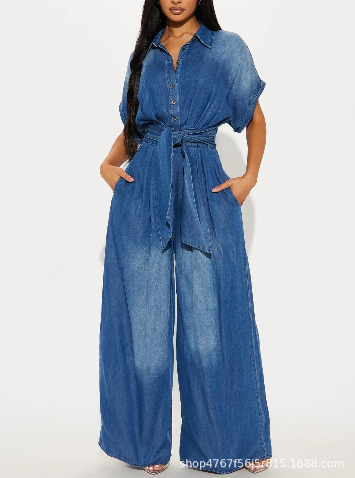 Belted Short Sleeve Wide Leg Jumpsuit