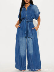 Belted Short Sleeve Wide Leg Jumpsuit