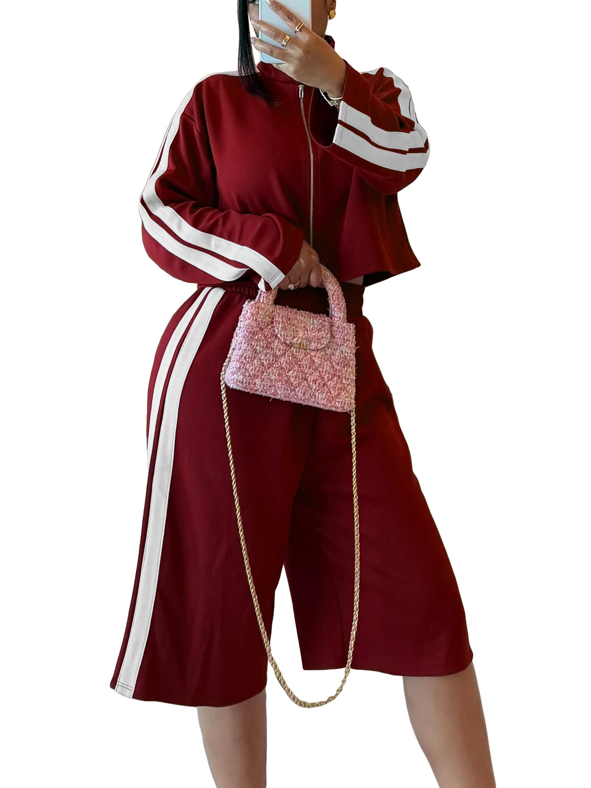 Zip Jacket and Side Stripe Culotte Pants Set