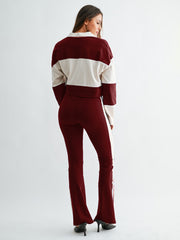 Color Block Polo Top and Flare Pants Set