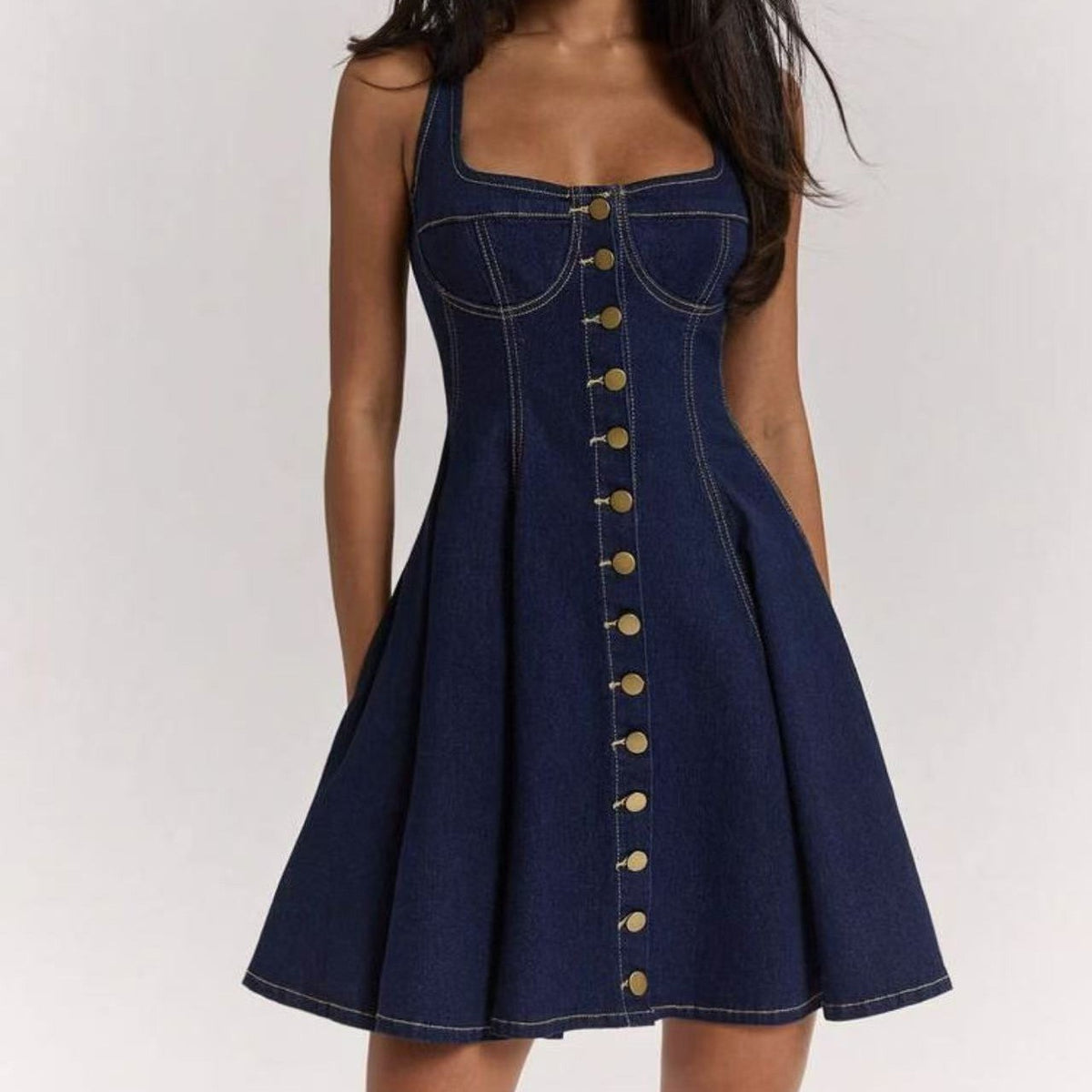 Button Front Denim A Line Mini Dress