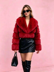 Wide Collar Paneled Faux Fur Cropped Jacket