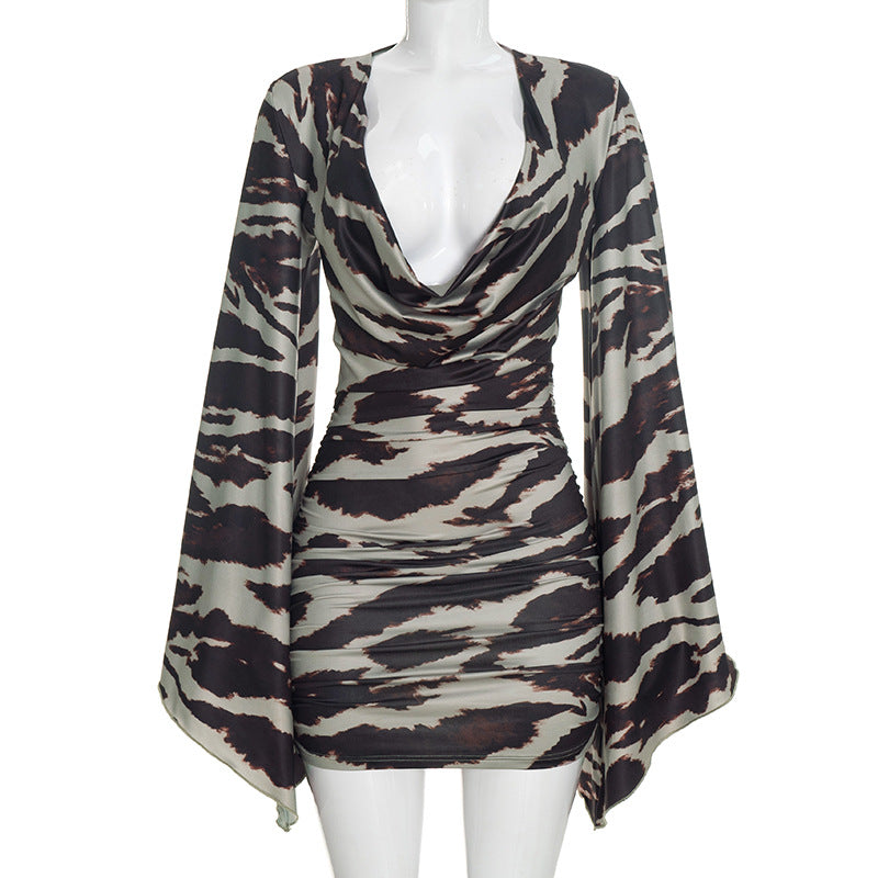 Abstract Print Deep V Flowy Sleeve Mini Dress