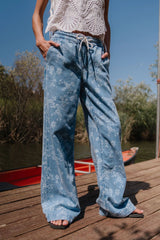 Printed Elastic Waist Denim Pants