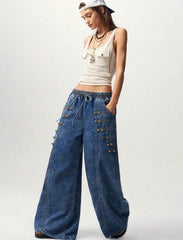 Drawstring Wide Leg Jeans with Button Trim