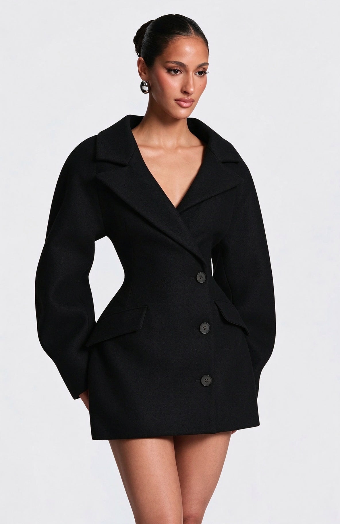 Lapel Puff Sleeve Fitted Button Front Coat
