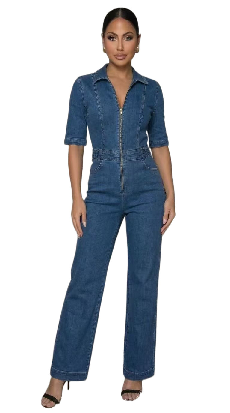 Women's Sleeveless Zip Front Denim Jumpsuit