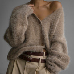 Fuzzy V Neck Button Front Knit Cardigan
