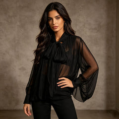 Tie Neck Pleated Relaxed Blouse