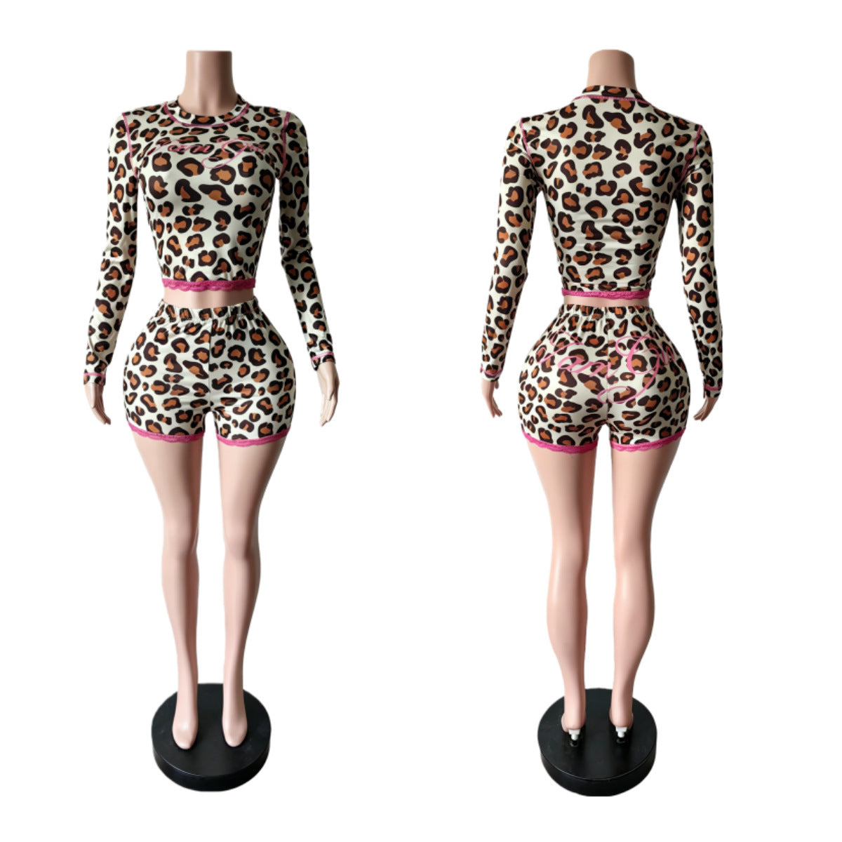 Leopard Print Lace Trim Top and Shorts Set