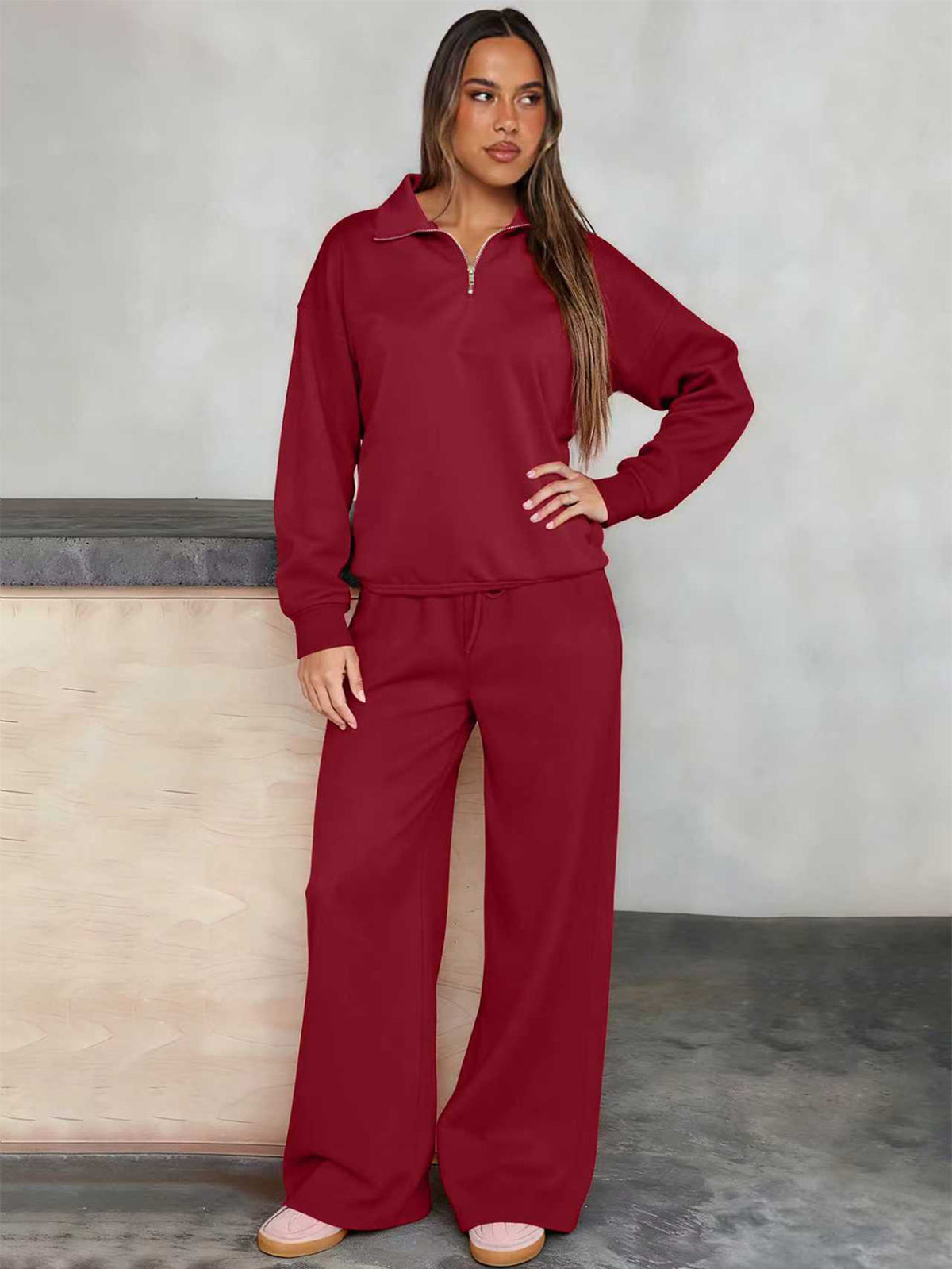 Zip Collar Top and Wide Leg Pants Set